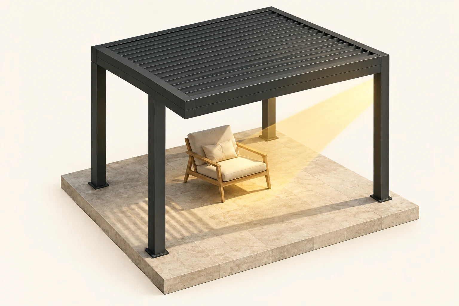 Architectural illustration of low sunlight entering an open pergola bay below the closed roof and reaching a lounge chair.