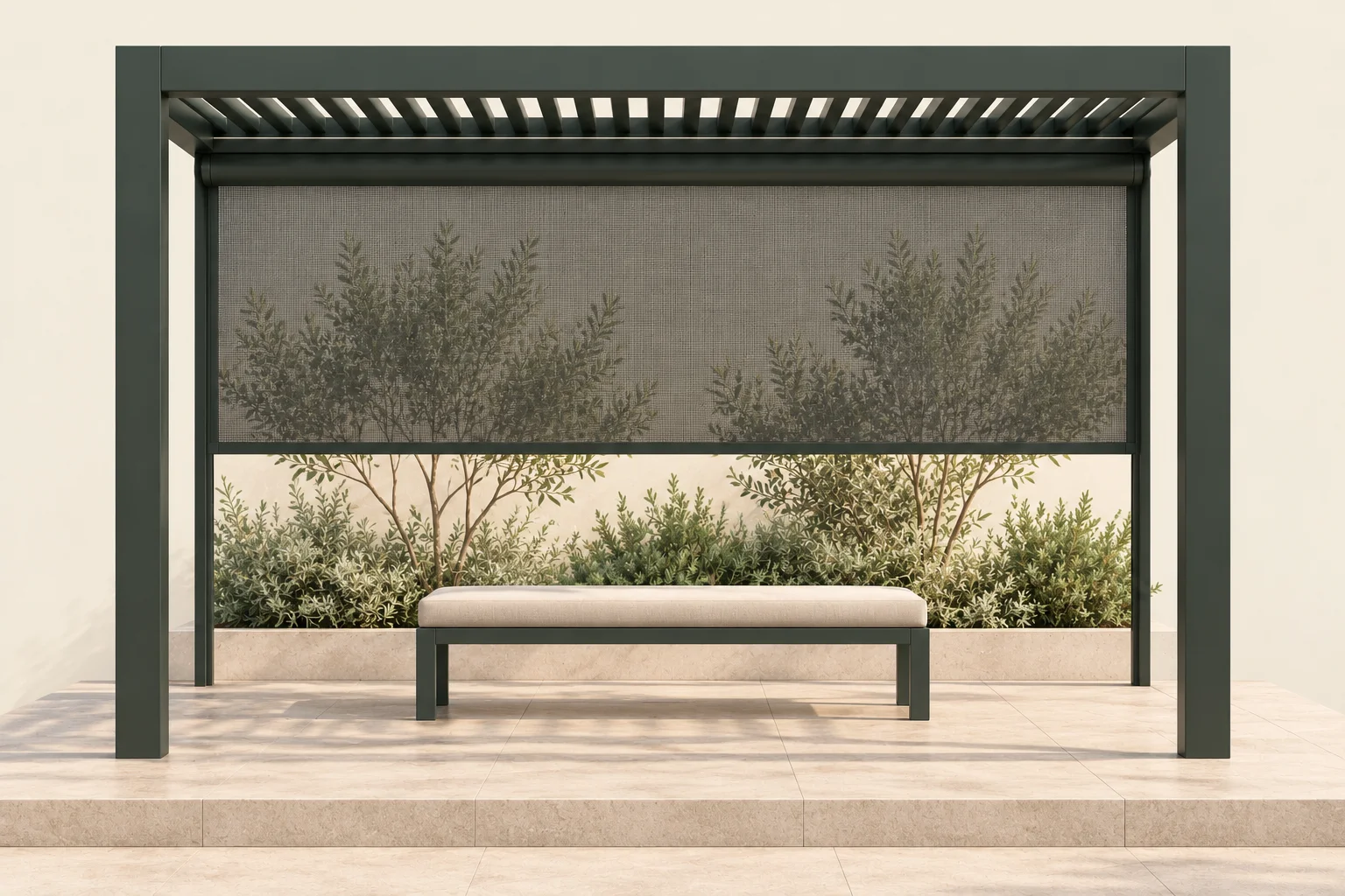 Conceptual pergola bay with a partially lowered mesh screen: the covered portion filters the view while the open portion remains unobstructed.
