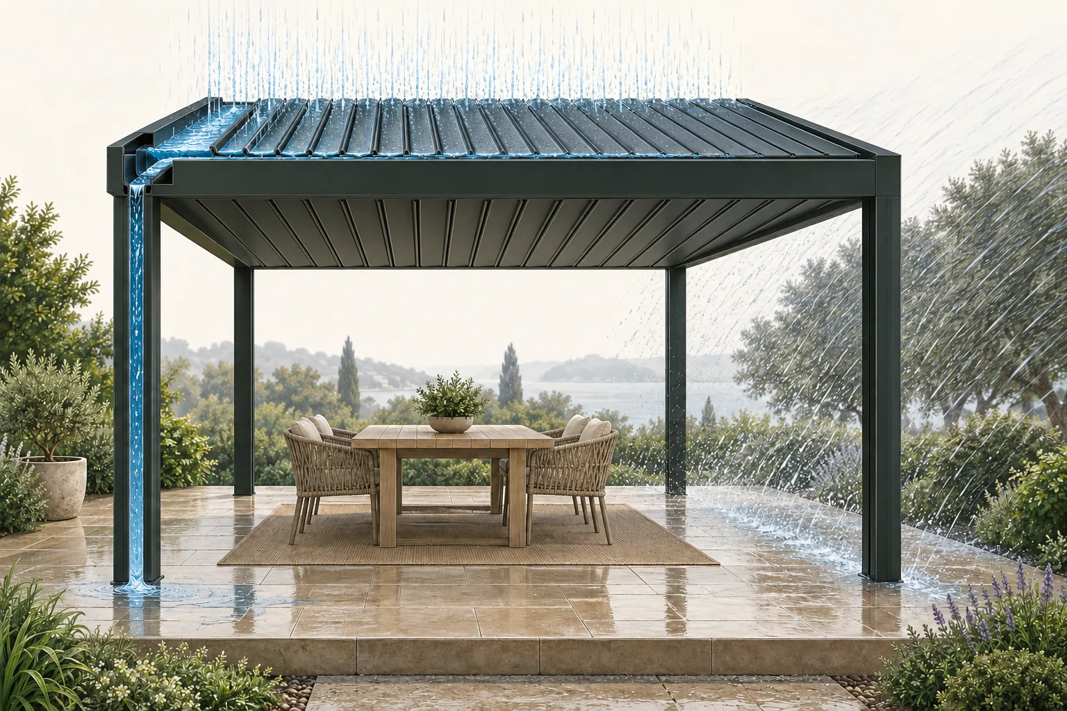 Illustrative cutaway of a closed-roof pergola: roof runoff is routed toward a post while wind-driven rain can enter the open side.